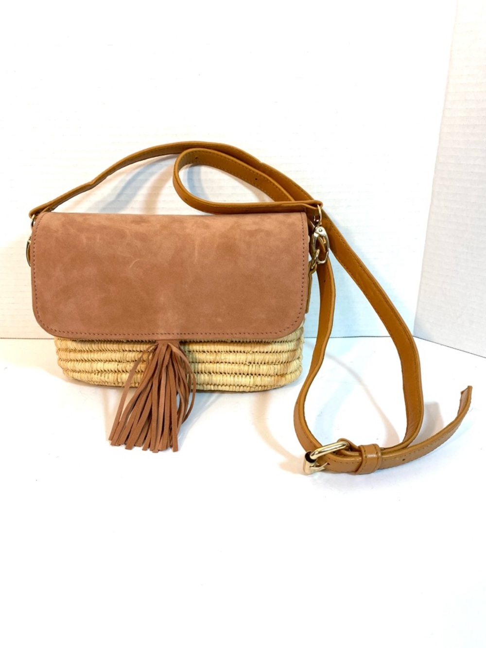 DANDY BELDI Tan Nubuck Suede and Raffia Crossbody Purse with Tassel
